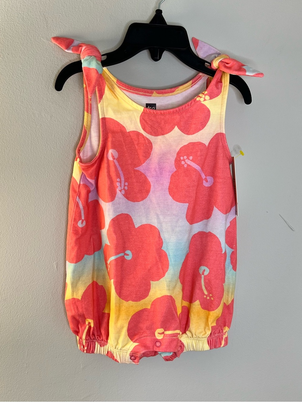 Tea Collection Coral & Yellow Tie-Shoulder Floral Tank Romper
